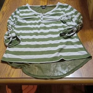 Good Conditon - Deb Junior's Sz M Green and Gray Striped Top Lace Back Roll Tab